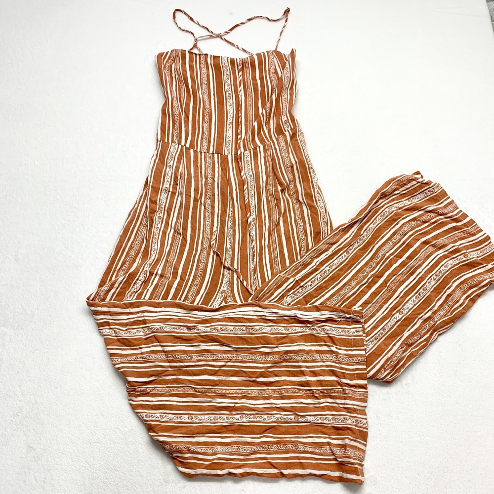 Forever 21 Contemporary‎ Jumpsuit Women Rust Striped Boho Wide Leg Rayon Size XL